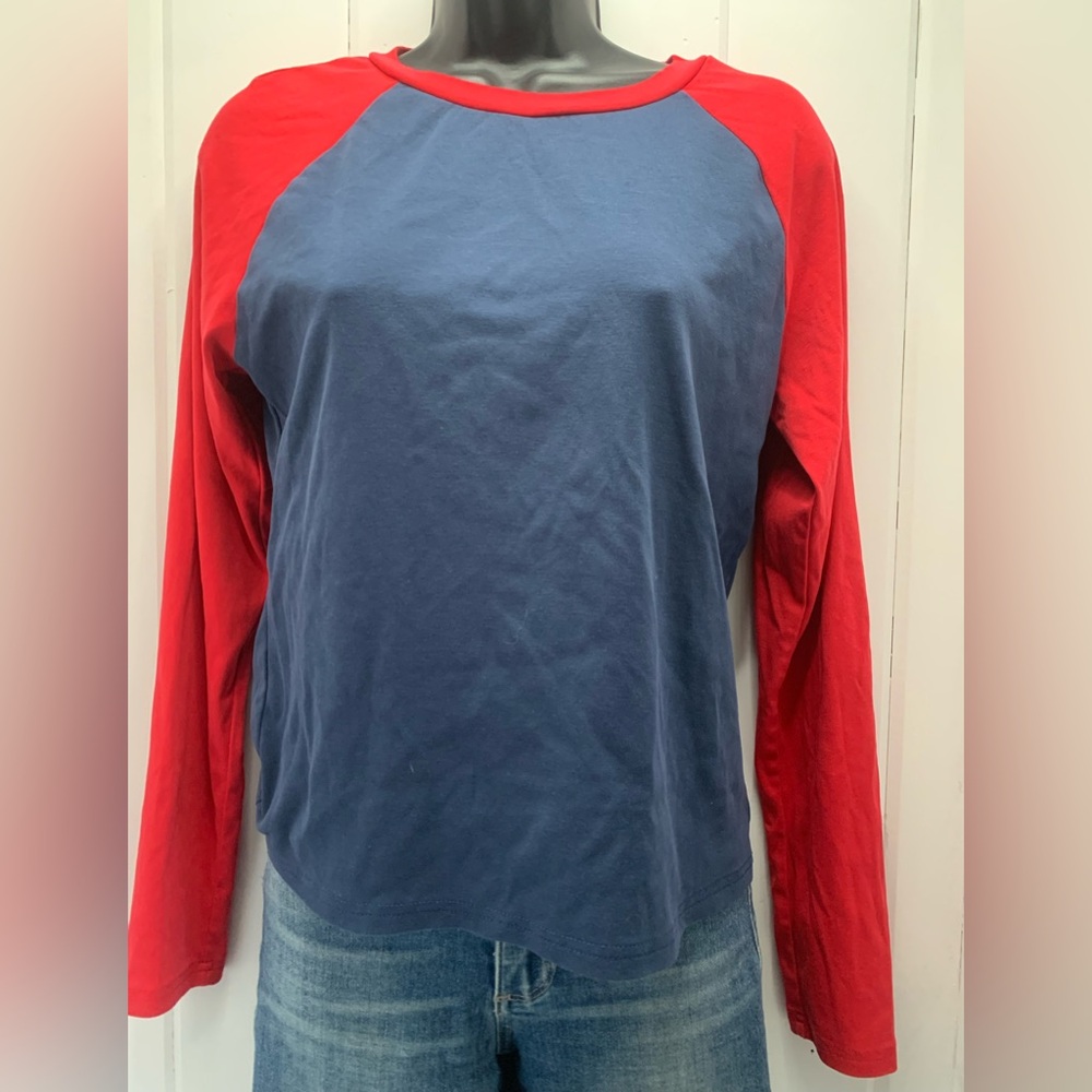 edikted Tee Women’s L Tommi Raglan Red Blue Colorblock Crew Long Sleeve T-Shirt - Picture 6 of 9